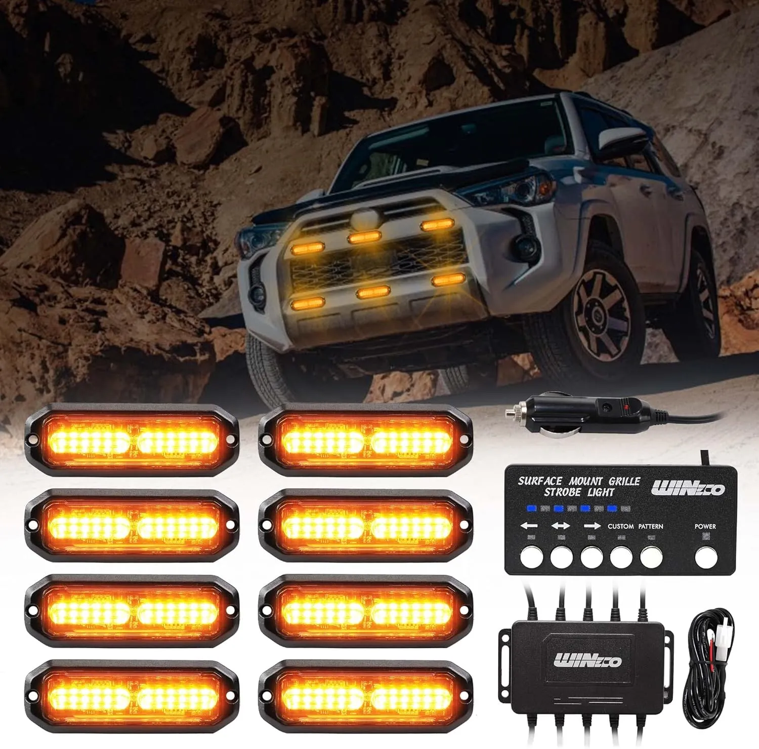 Emergency lights for vehicles, Emergency Strobe Lights Kit Surface Mount Grill Grille light Warning Lighthead 22 Flashing Modes for Off-Road Volunteer Vehicles ATV Trucks 8PCS 12 LED Amber