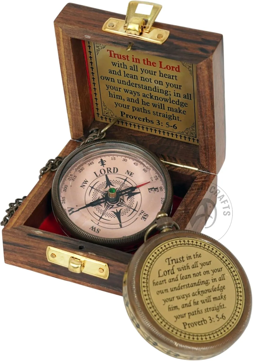 Engraved Brass Compass - 'Trust in The Lord with All Your Heart' - Proverbs 3:5-6 | Victorian Brass Stripe Design | Wooden Box Included | Best for Navigation & Gifts – Family, Friends & Travelers