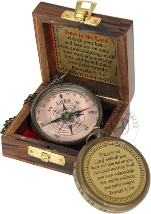 Engraved Brass Compass - 'Trust in The Lord with All Your Heart' - Proverbs 3:5-6 | Victorian Brass Stripe Design | Wooden Box Included | Best for Navigation & Gifts – Family, Friends & Travelers