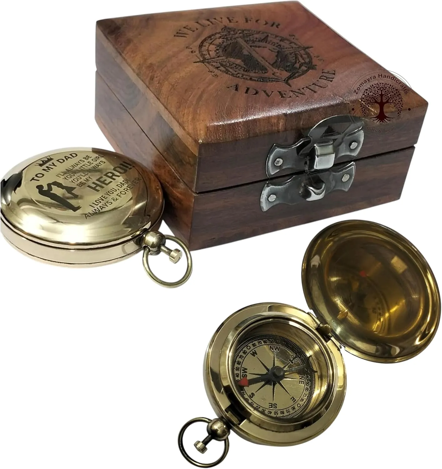 Engraved Pocket Compass with Wooden Keepsake Box for Dad – Solid Brass Push Button Compass – Gift for Dad from Son or Daughter – Nautical Gift for Father – Zomayra Handicrafts Gift Compass