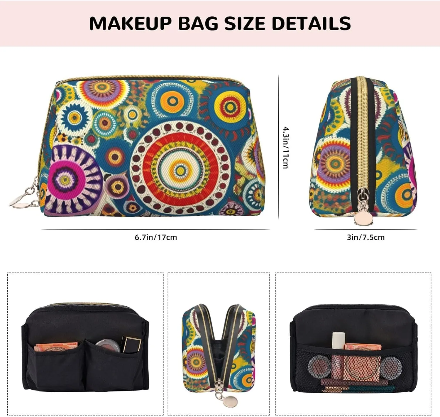 Ethnic Circles Floral Toiletry Pouch, Travel-Friendly Makeup Organizer For Makeup Brushes, Lipsticks