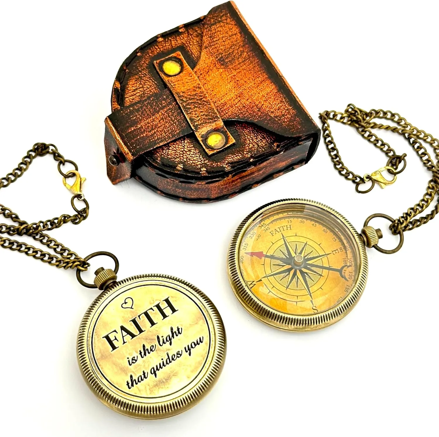 Faith Compass – Inspirational Gift for Men & Boys | Christian Baptism, Communion, Confirmation, or Graduation Present | “Faith is The Light That Guides You” Engraved | with Leather Box
