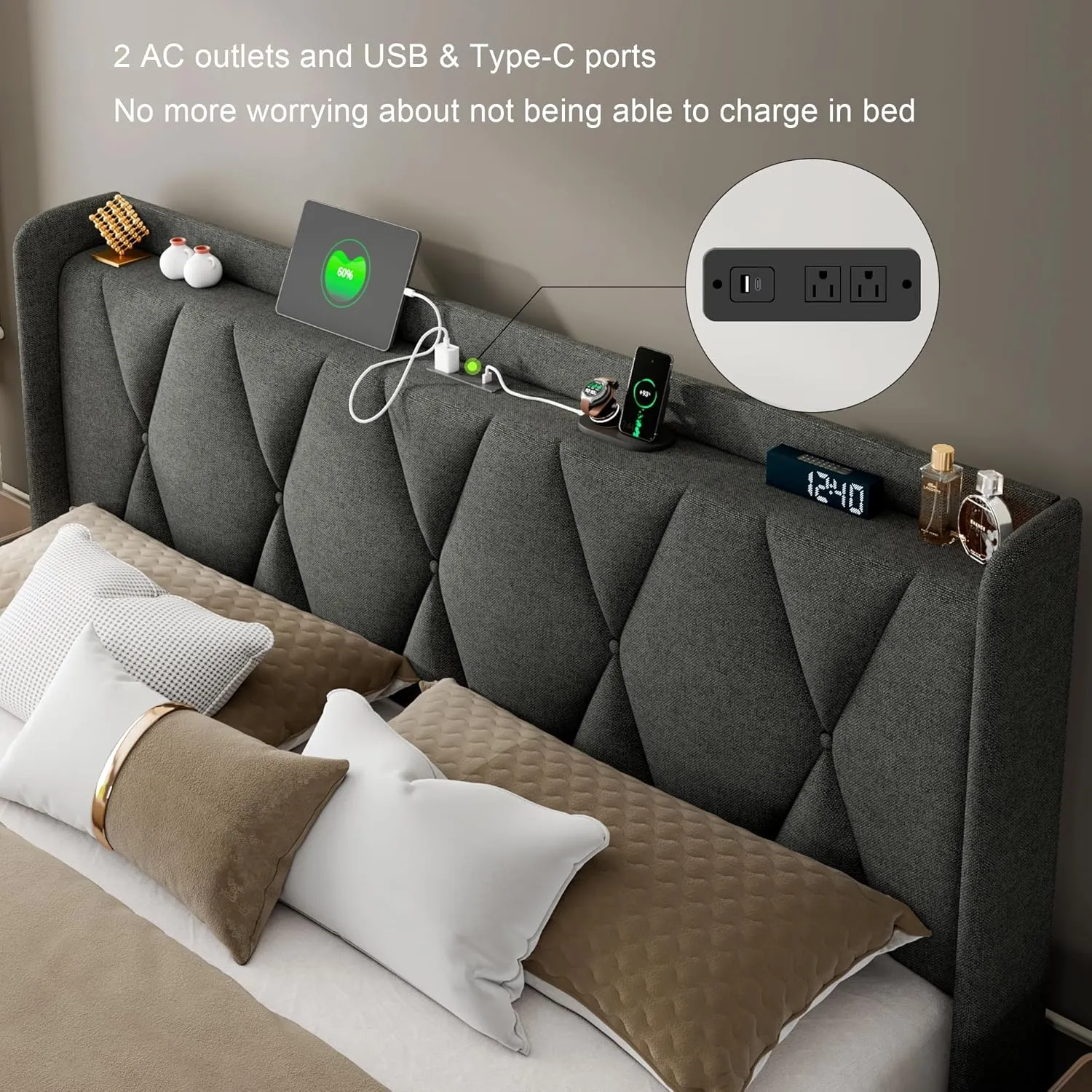 Feonase King Size Bed Frame with 4 Storage Drawers, Upholstered Platform Bed with Charging Station, Wingback Storage Headboard, Wooden Slats Support, No Box Spring Needed, Easy-Assembly, Dark Grey