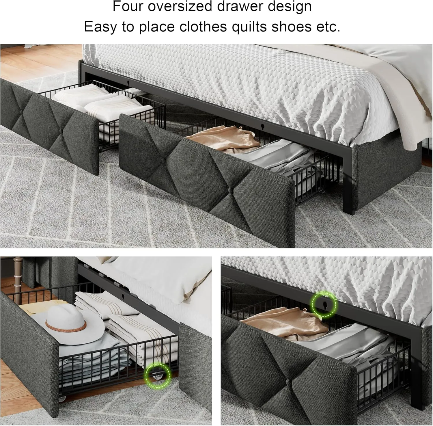 Feonase King Size Bed Frame with 4 Storage Drawers, Upholstered Platform Bed with Charging Station, Wingback Storage Headboard, Wooden Slats Support, No Box Spring Needed, Easy-Assembly, Dark Grey
