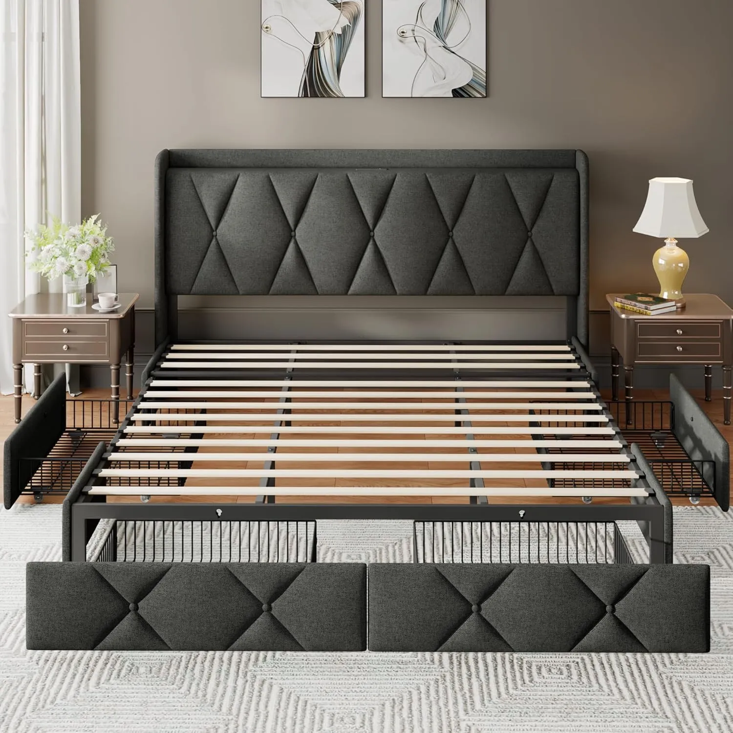 Feonase King Size Bed Frame with 4 Storage Drawers, Upholstered Platform Bed with Charging Station, Wingback Storage Headboard, Wooden Slats Support, No Box Spring Needed, Easy-Assembly, Dark Grey
