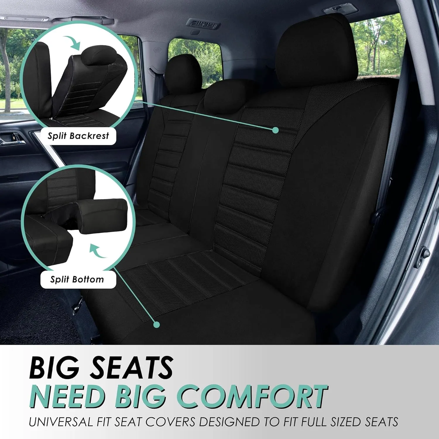 FH Group Automotive Car Seat Covers Full Set Premium 3D Air Mesh Black Seat Covers, Airbag Compatible and Split Bench Cover Universal Fit Interior Accessories for Cars Trucks and SUVs