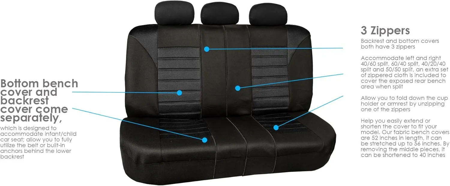 FH Group Automotive Car Seat Covers Full Set Premium 3D Air Mesh Black Seat Covers, Airbag Compatible and Split Bench Cover Universal Fit Interior Accessories for Cars Trucks and SUVs