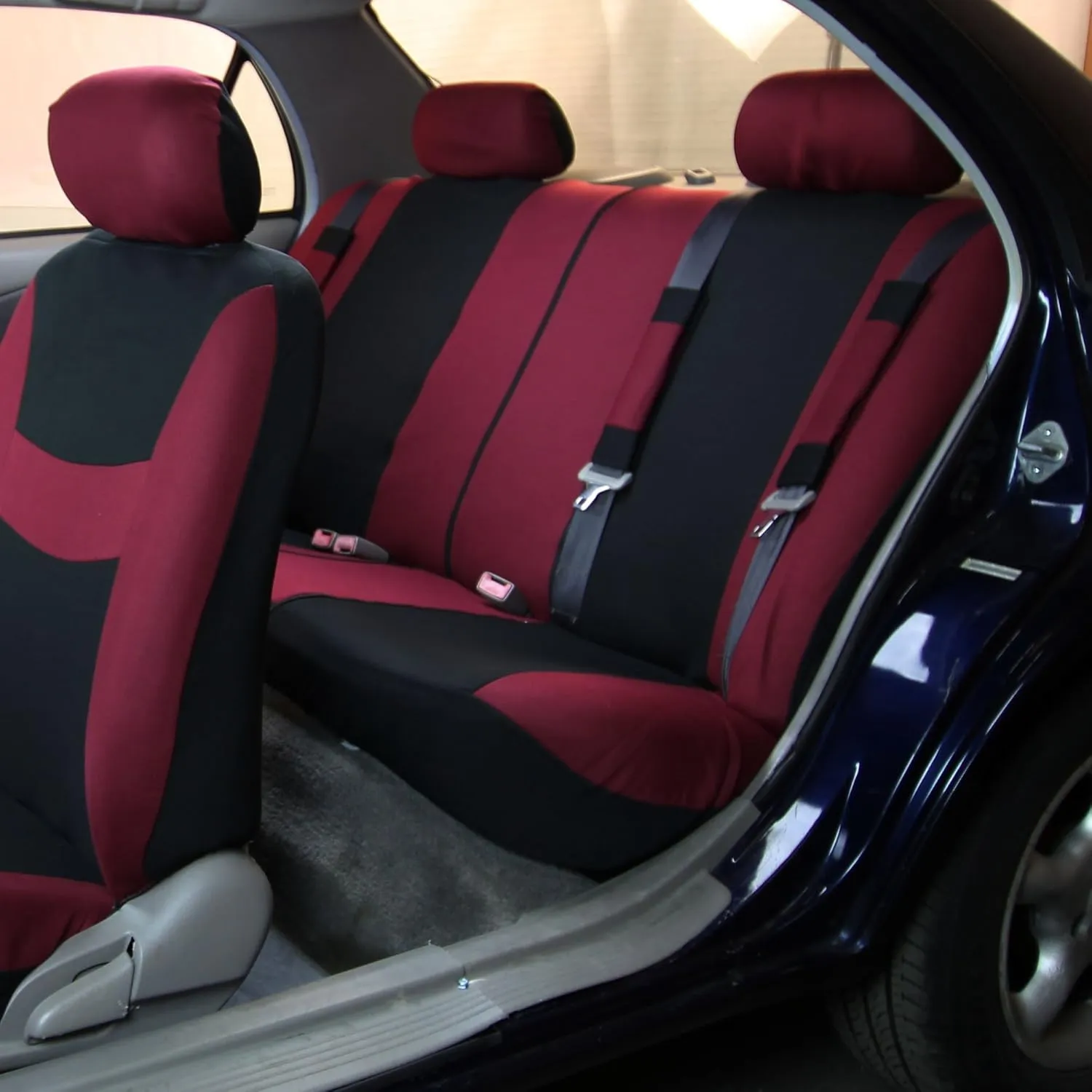 FH Group Car Seat Cover Light Breezy Automotive Seat Cover Flat Foam Padding Cloth Full Combo Set Burgundy Seat Covers Airbag and Split Rear Universal Fit Interior Accessories for Cars Trucks and SUV