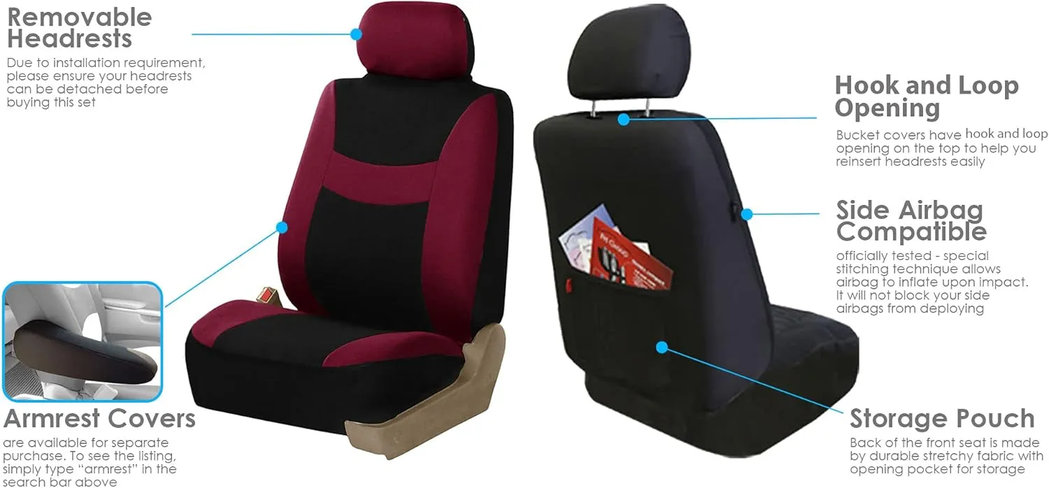 FH Group Car Seat Cover Light Breezy Automotive Seat Cover Flat Foam Padding Cloth Full Combo Set Burgundy Seat Covers Airbag and Split Rear Universal Fit Interior Accessories for Cars Trucks and SUV
