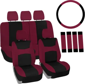 FH Group Car Seat Cover Light Breezy Automotive Seat Cover Flat Foam Padding Cloth Full Combo Set Burgundy Seat Covers Airbag and Split Rear Universal Fit Interior Accessories for Cars Trucks and SUV