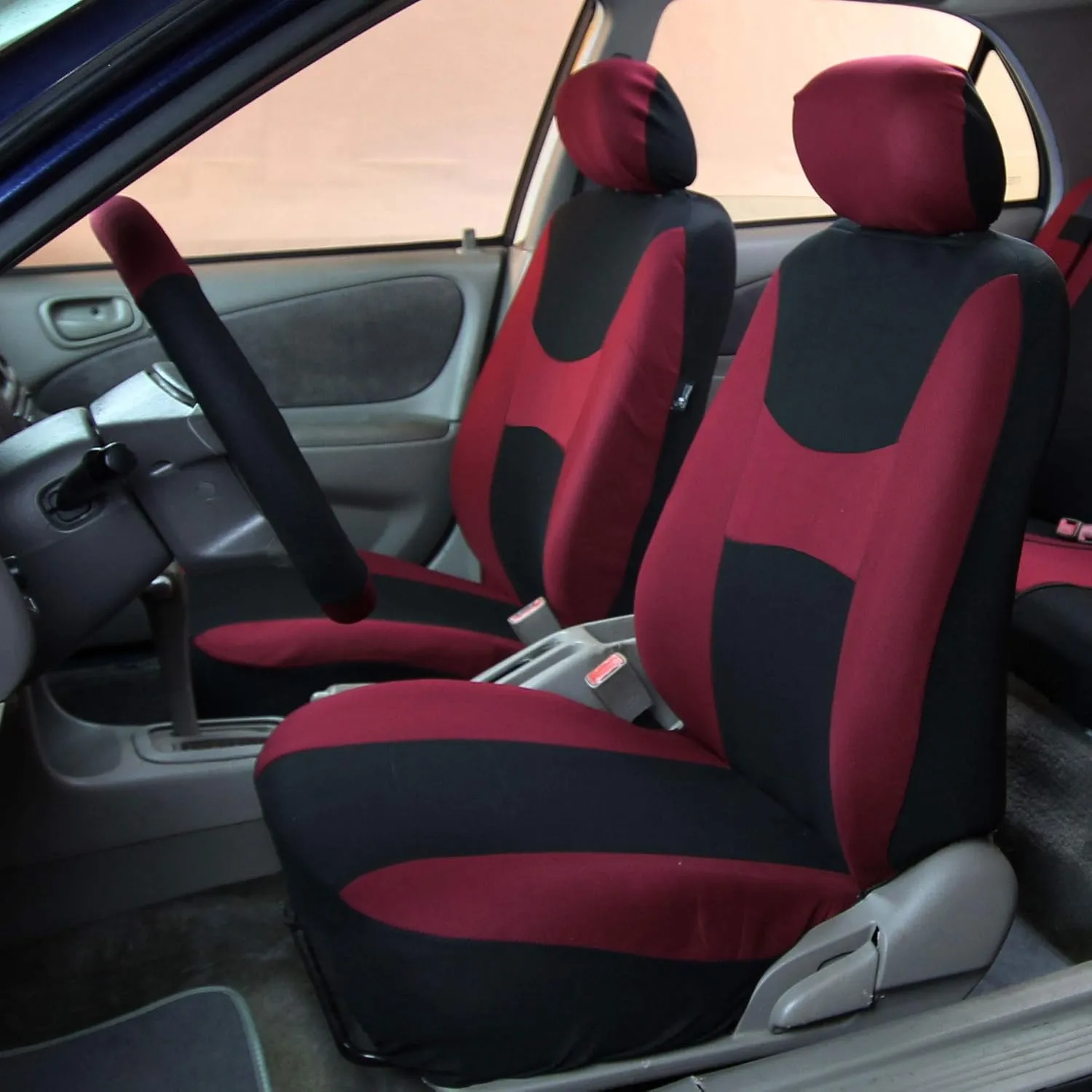 FH Group Car Seat Cover Light Breezy Automotive Seat Cover Flat Foam Padding Cloth Full Combo Set Burgundy Seat Covers Airbag and Split Rear Universal Fit Interior Accessories for Cars Trucks and SUV