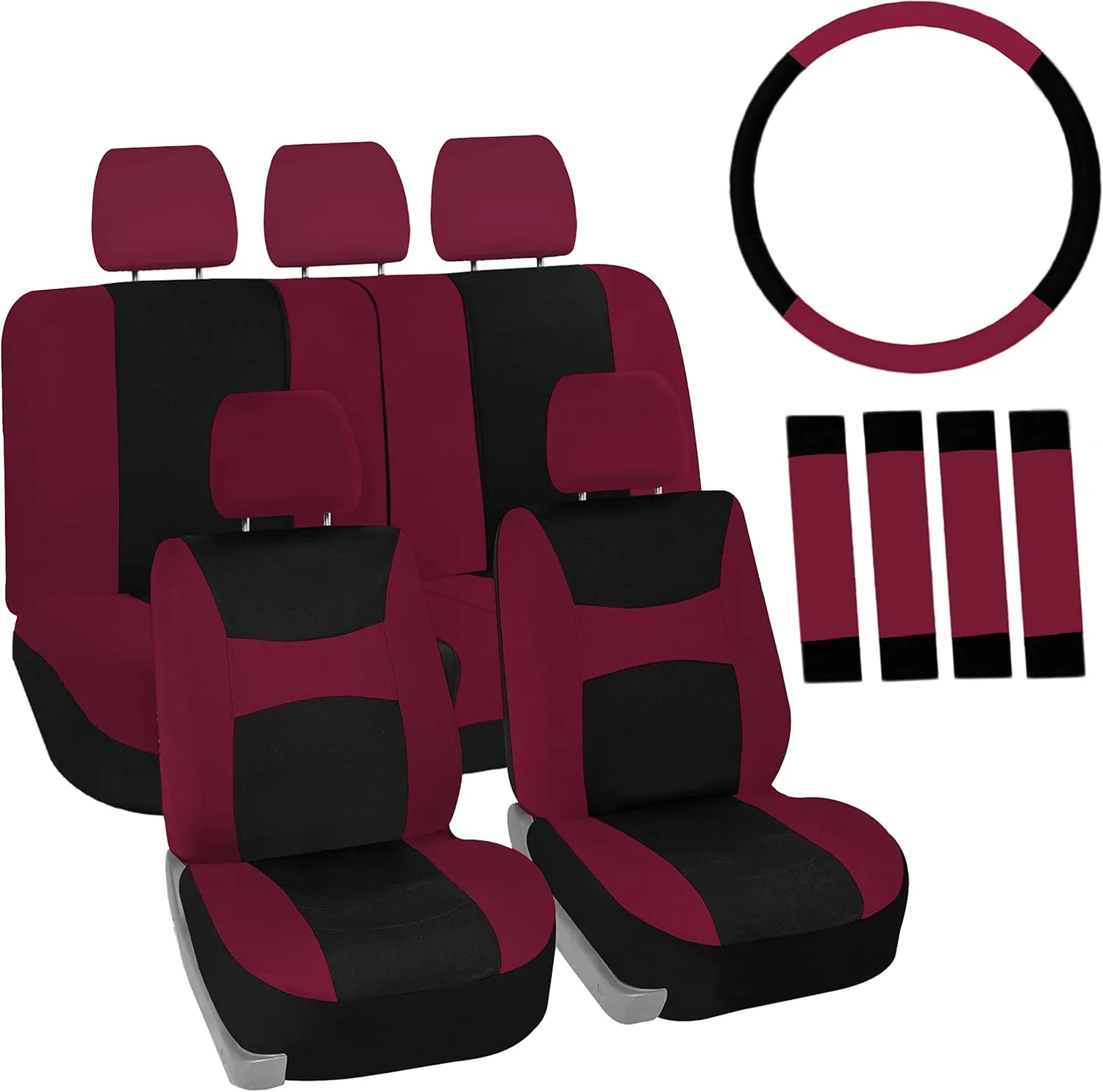 FH Group Car Seat Cover Light Breezy Automotive Seat Cover Flat Foam Padding Cloth Full Combo Set Burgundy Seat Covers Airbag and Split Rear Universal Fit Interior Accessories for Cars Trucks and SUV