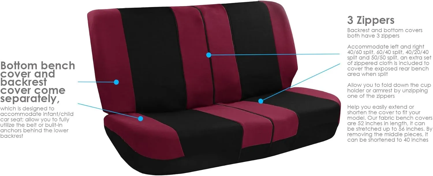 FH Group Car Seat Cover Light Breezy Automotive Seat Cover Flat Foam Padding Cloth Full Combo Set Burgundy Seat Covers Airbag and Split Rear Universal Fit Interior Accessories for Cars Trucks and SUV