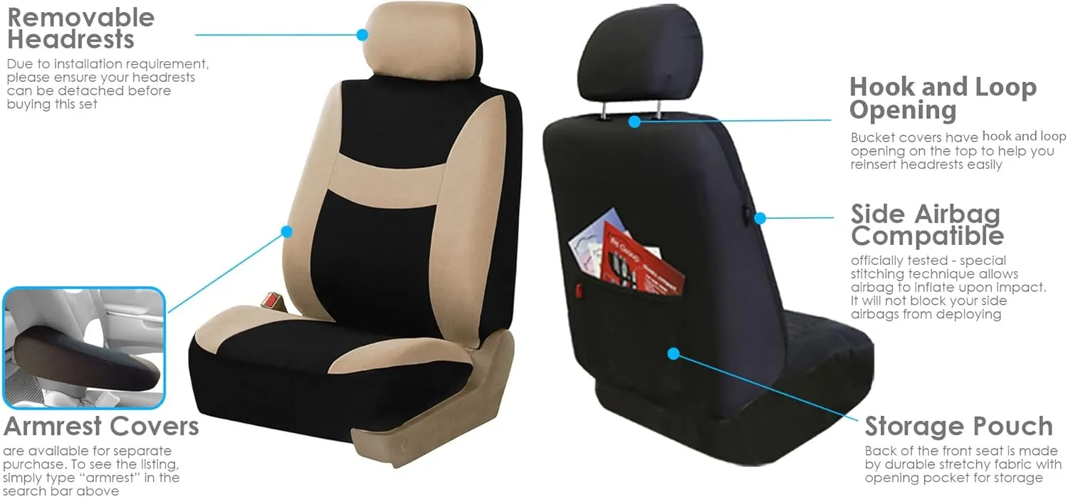 FH Group Car Seat Cover Light Breezy Automotive Seat Covers Flat Foam Padding Cloth Full Combo Set Beige Seat Covers, Airbag and Split Rear Universal Fit Interior Accessories for Cars Trucks and SUV