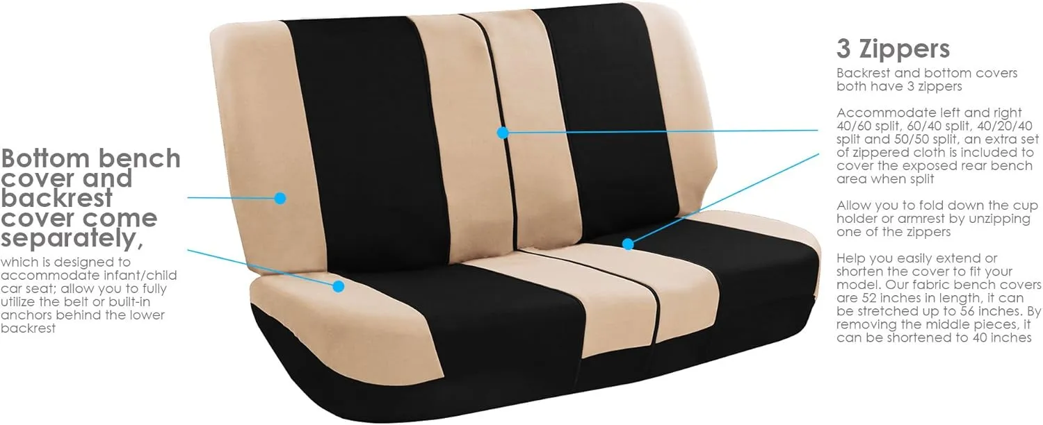FH Group Car Seat Cover Light Breezy Automotive Seat Covers Flat Foam Padding Cloth Full Combo Set Beige Seat Covers, Airbag and Split Rear Universal Fit Interior Accessories for Cars Trucks and SUV