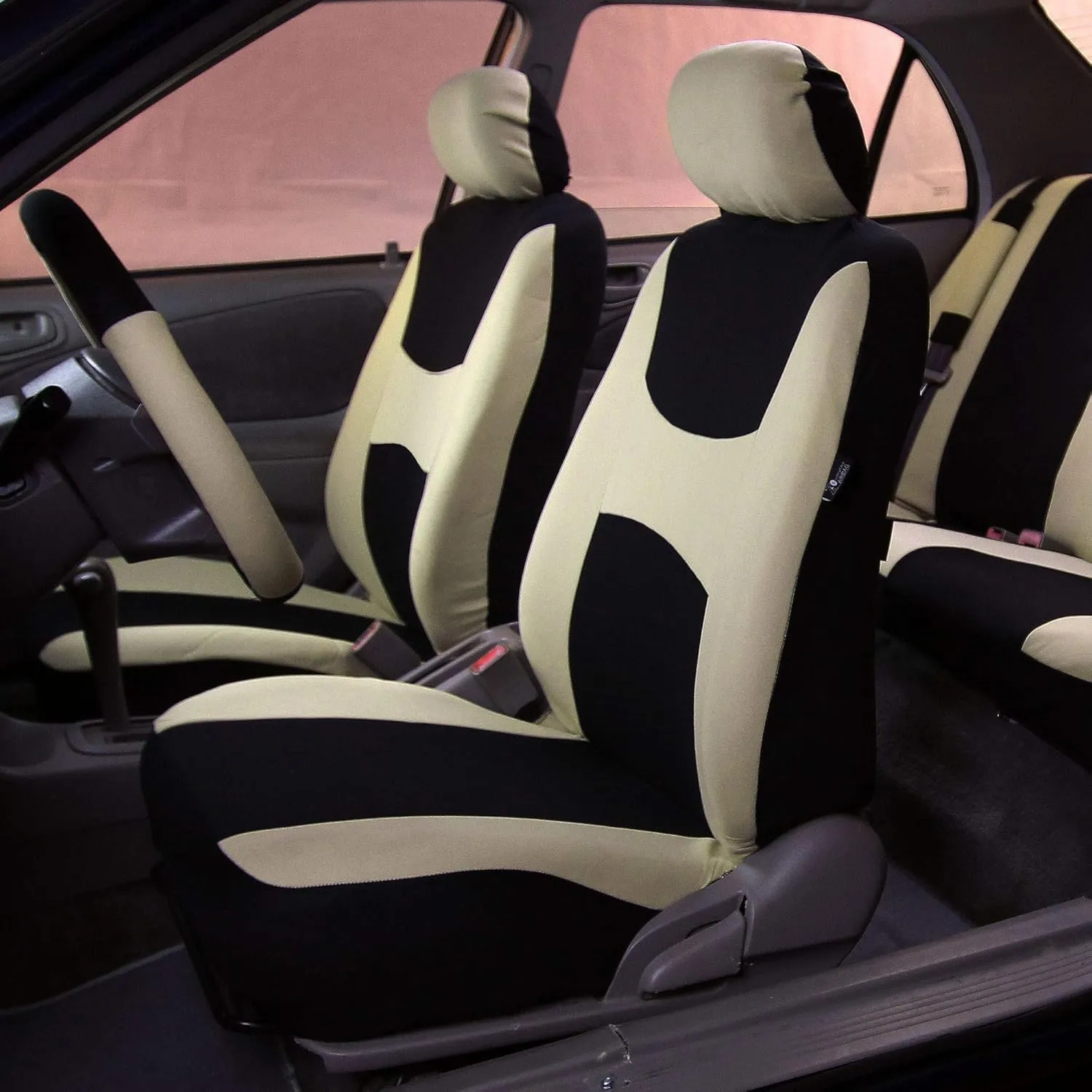 FH Group Car Seat Cover Light Breezy Automotive Seat Covers Flat Foam Padding Cloth Full Combo Set Beige Seat Covers, Airbag and Split Rear Universal Fit Interior Accessories for Cars Trucks and SUV