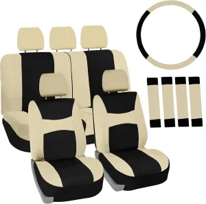 FH Group Car Seat Cover Light Breezy Automotive Seat Covers Flat Foam Padding Cloth Full Combo Set Beige Seat Covers, Airbag and Split Rear Universal Fit Interior Accessories for Cars Trucks and SUV