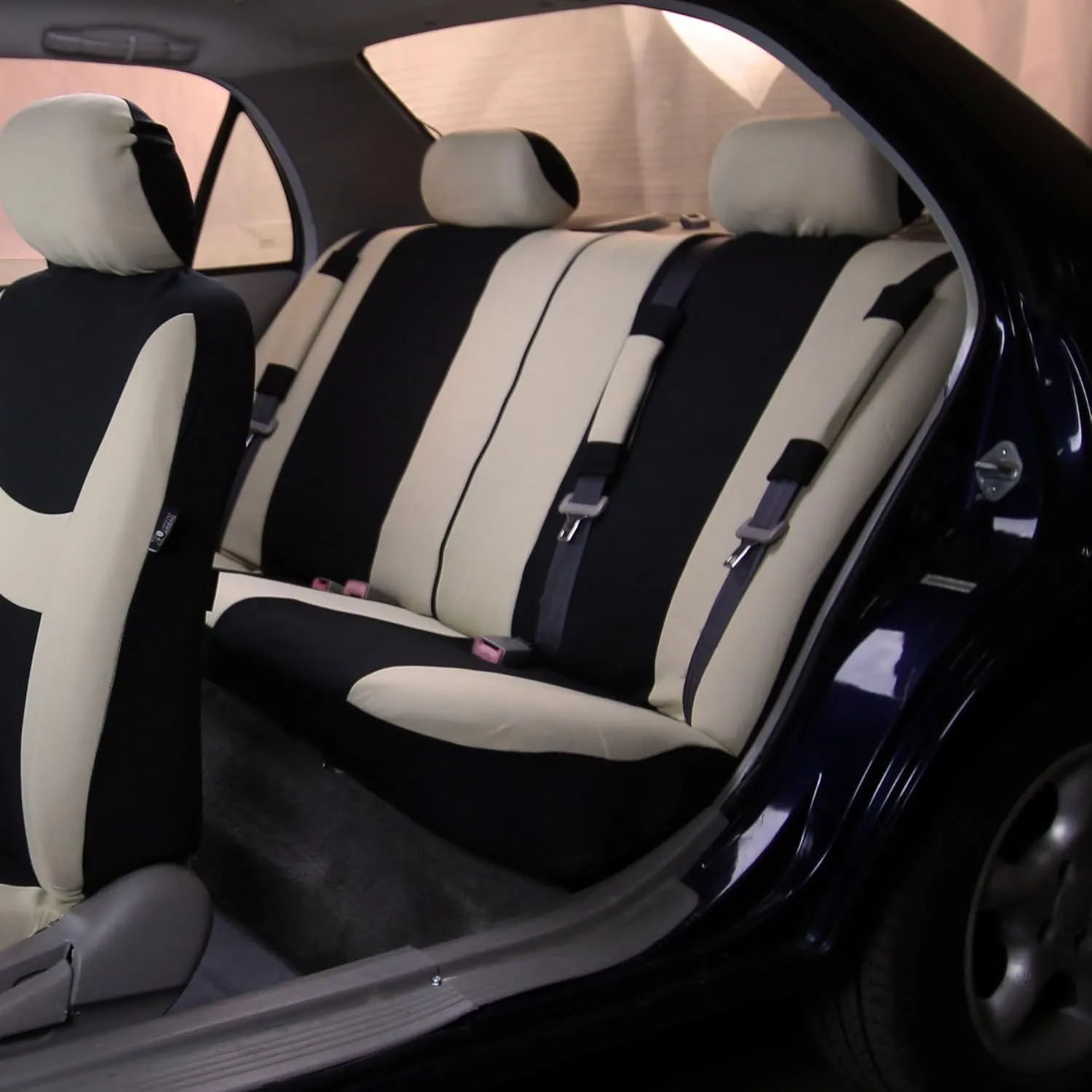 FH Group Car Seat Cover Light Breezy Automotive Seat Covers Flat Foam Padding Cloth Full Combo Set Beige Seat Covers, Airbag and Split Rear Universal Fit Interior Accessories for Cars Trucks and SUV