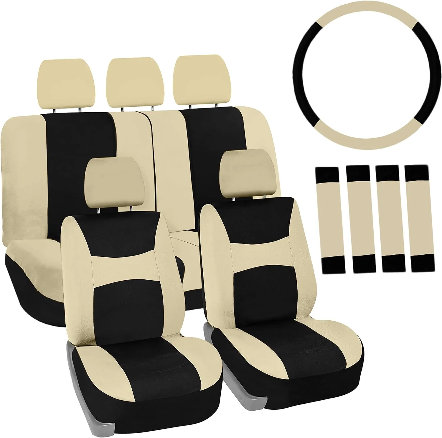 FH Group Car Seat Cover Light Breezy Automotive Seat Covers Flat Foam Padding Cloth Full Combo Set Beige Seat Covers, Airbag and Split Rear Universal Fit Interior Accessories for Cars Trucks and SUV