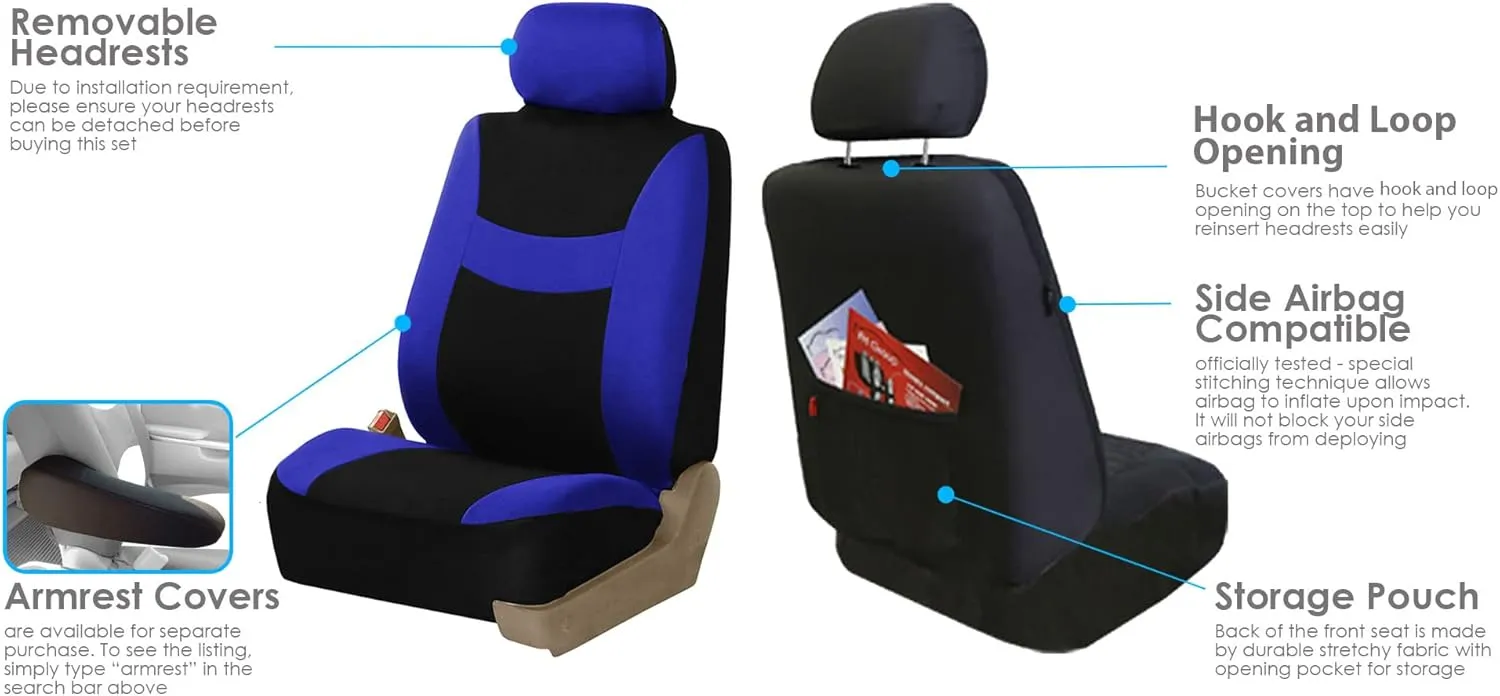 FH Group Car Seat Cover Light Breezy Automotive Seat Covers Flat Foam Padding Cloth Full Combo Set Blue Seat Covers, Airbag and Split Rear Universal Fit Interior Accessories for Cars Trucks and SUV