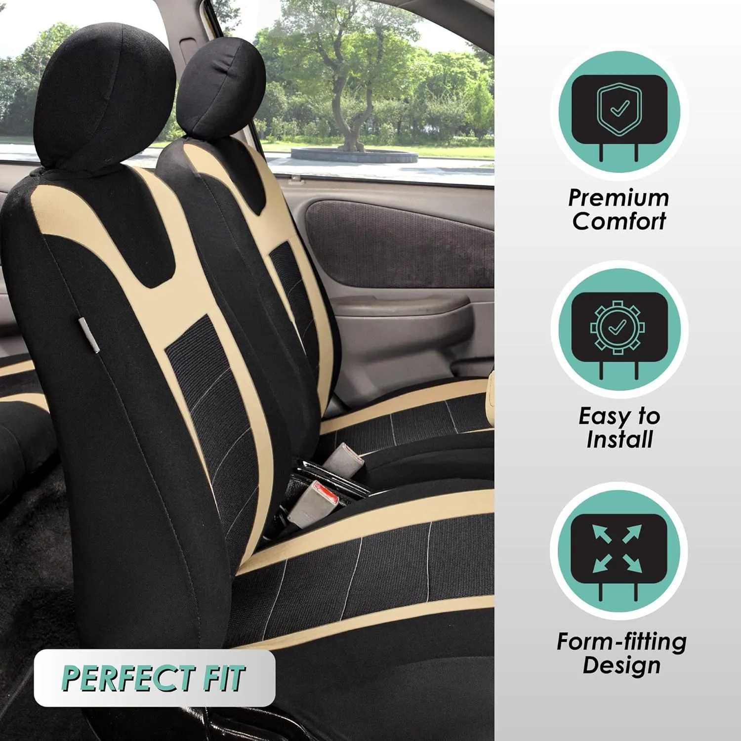 FH Group Car Seat Covers Sports Seat Covers Full Set– Universal Fit for Cars Trucks & SUVs (Beige) FB070115   F14407