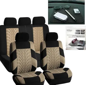 FH Group Car Seat Covers Travel Master Full Set Beige Black Automotive Seat Covers Combo Slip Dash Grip Pad, Airbag and Split Rear Universal Fit Interior Accessories Cars Trucks SUV Car Accessories
