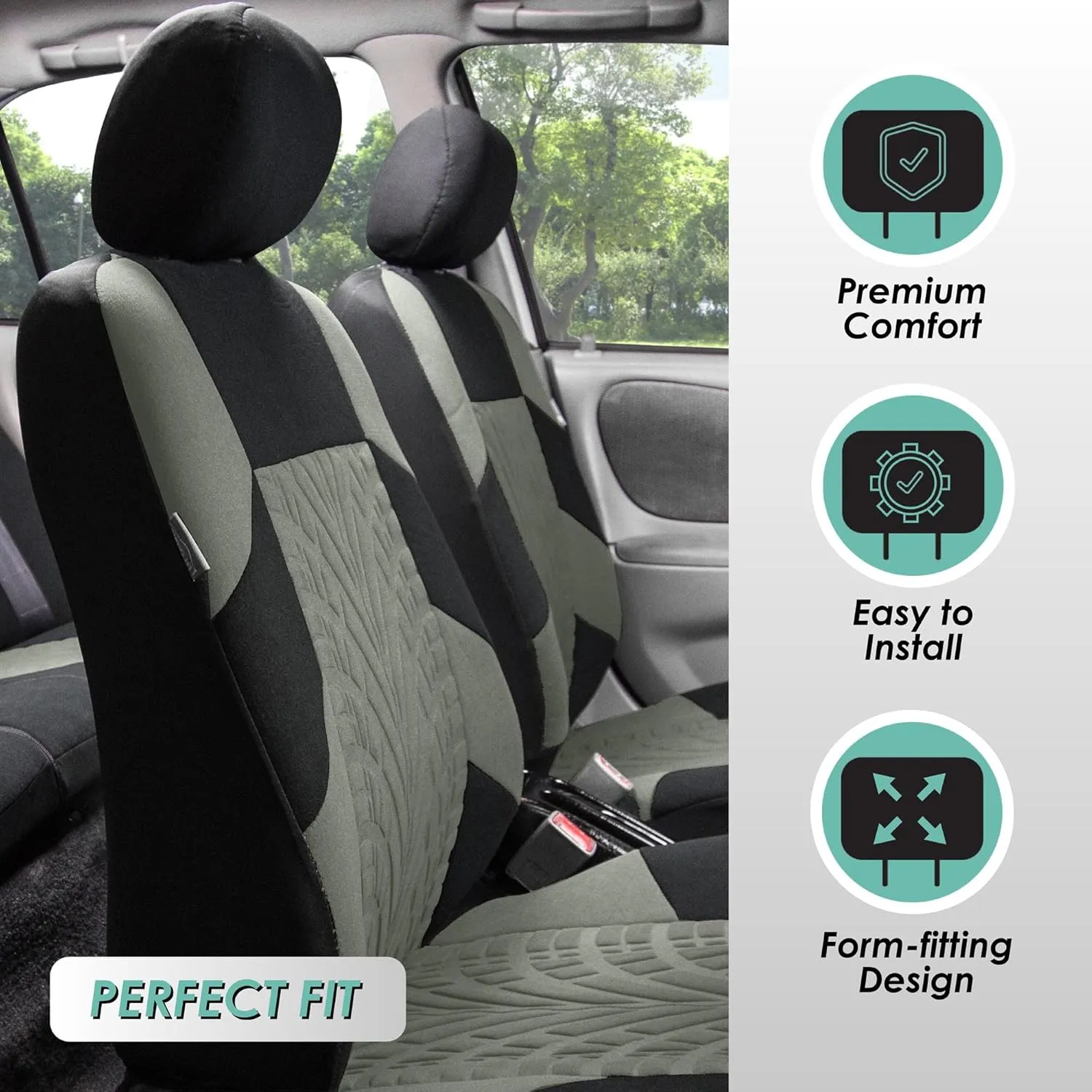 FH Group Car Seat Covers Travel Master Full Set Gray Black Automotive Seat Covers Combo Slip Dash Grip Pad, Airbag and Split Rear Universal Fit Interior Accessories Cars Trucks SUV Car Accessories