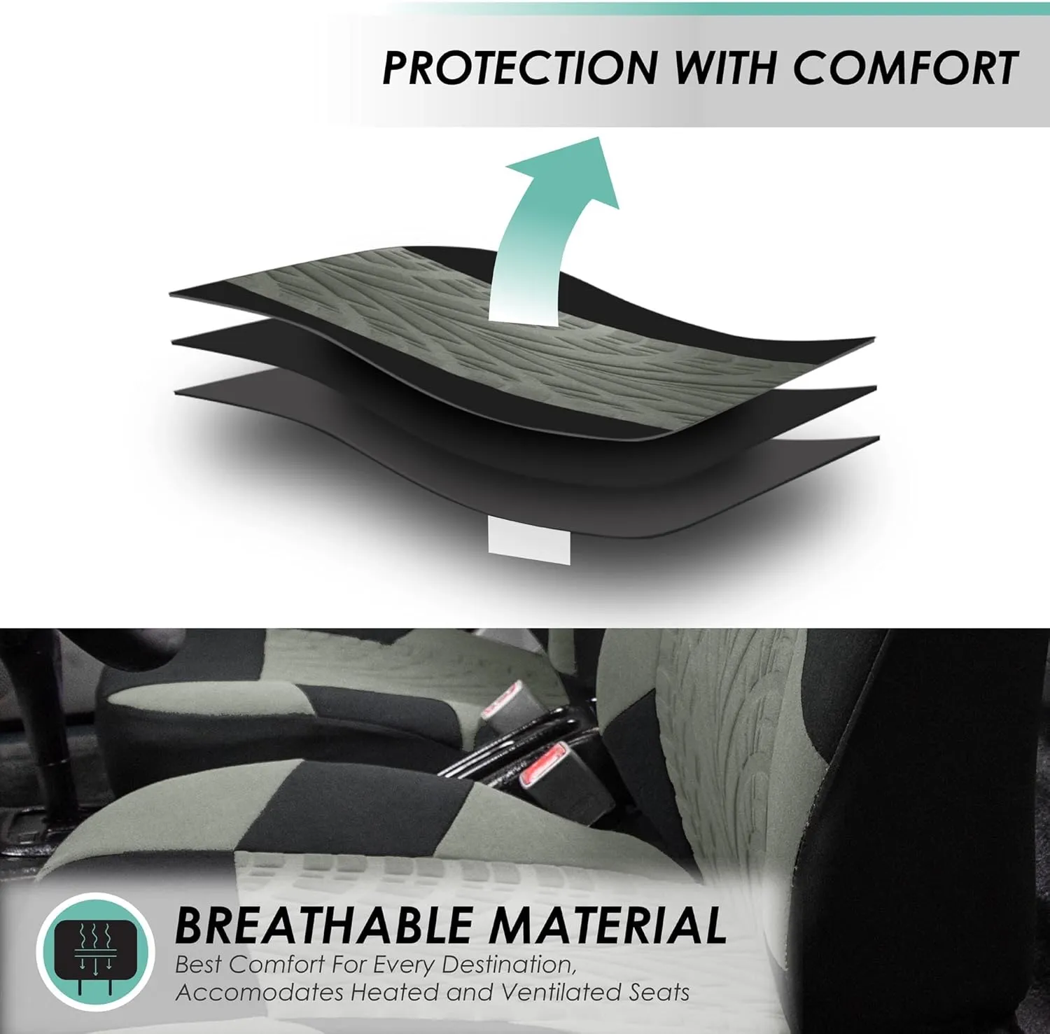 FH Group Car Seat Covers Travel Master Full Set Gray Black Automotive Seat Covers Combo Slip Dash Grip Pad, Airbag and Split Rear Universal Fit Interior Accessories Cars Trucks SUV Car Accessories