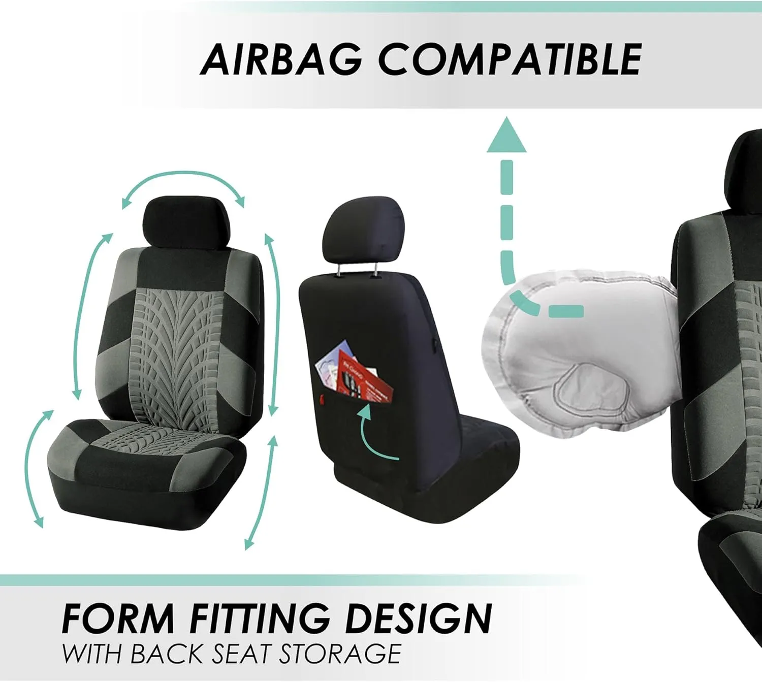 FH Group Car Seat Covers Travel Master Full Set Gray Black Automotive Seat Covers Combo Slip Dash Grip Pad, Airbag and Split Rear Universal Fit Interior Accessories Cars Trucks SUV Car Accessories