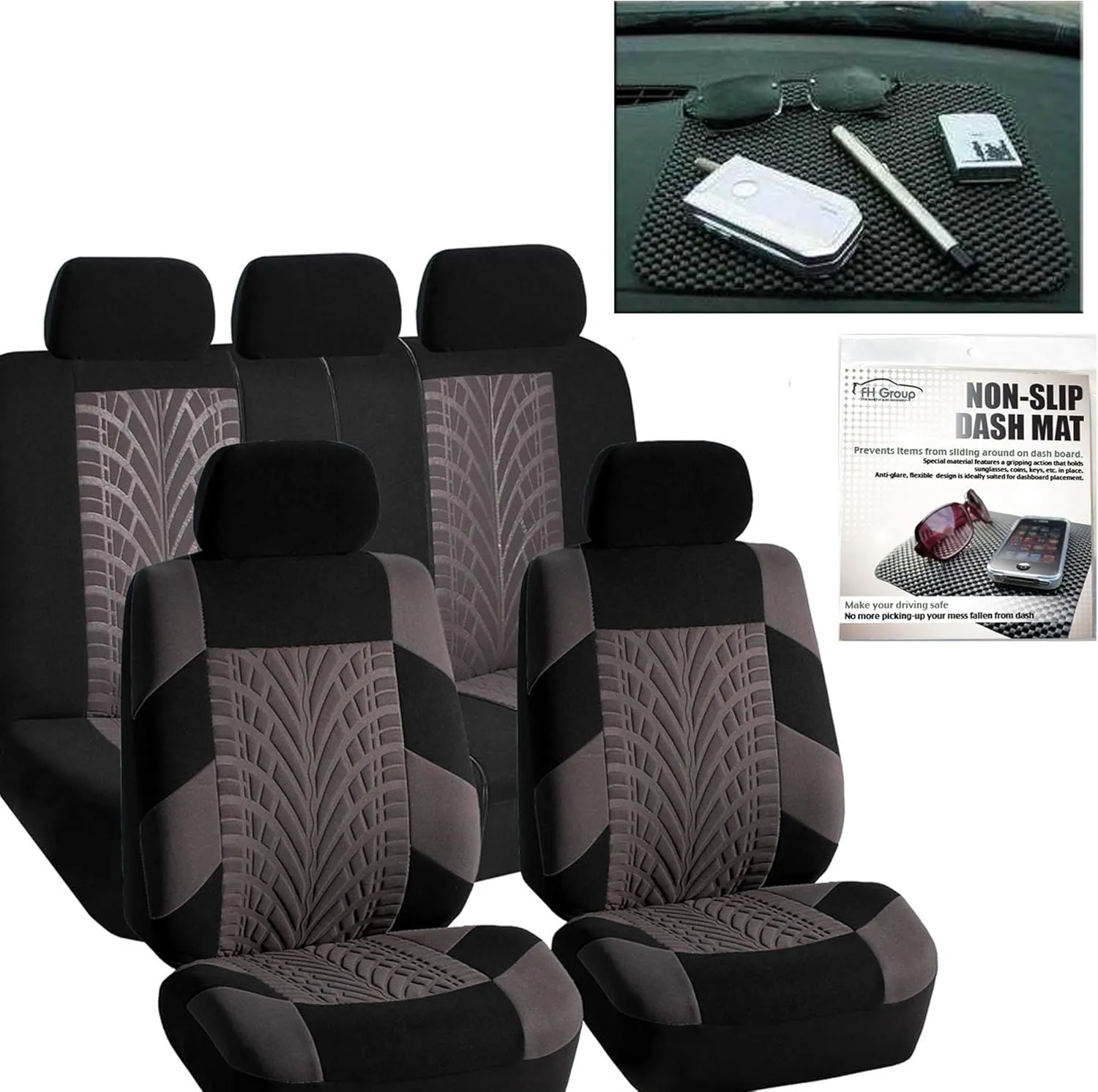 FH Group Car Seat Covers Travel Master Full Set Gray Black Automotive Seat Covers Combo Slip Dash Grip Pad, Airbag and Split Rear Universal Fit Interior Accessories Cars Trucks SUV Car Accessories