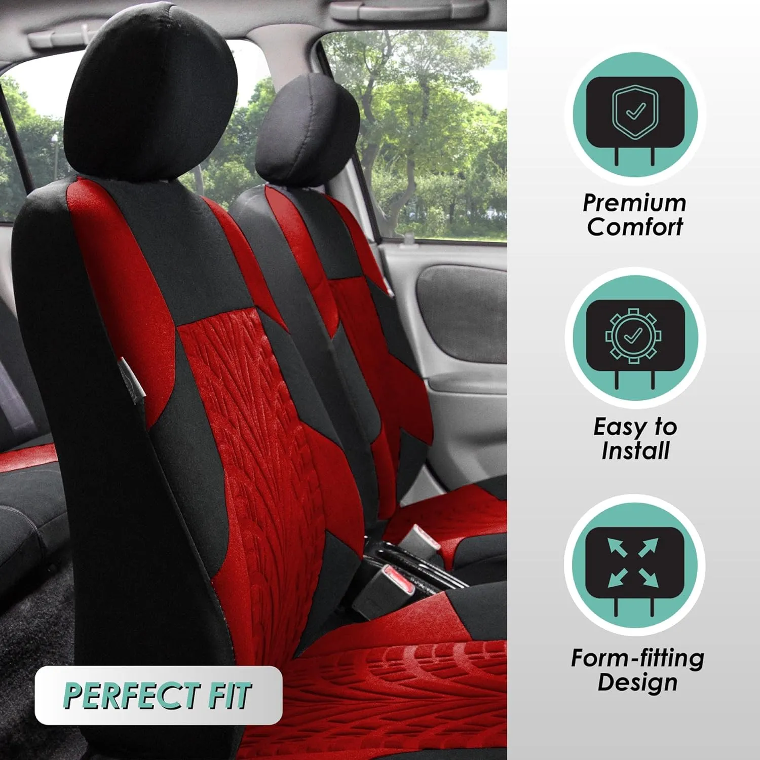 FH Group Car Seat Covers Travel Master Full Set Red Black Automotive Seat Covers Combo Slip Dash Grip Pad, Airbag and Split Rear Universal Fit Interior Accessories Cars Trucks SUV Car Accessories