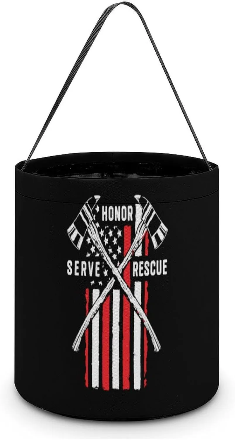 Firefighter American Flag Thin Red Line Fireman Funny Easter Egg Bags Trick-o-r-Treat Tote Bag Reusable Bucket Storage Basket Handbag Party Novelty