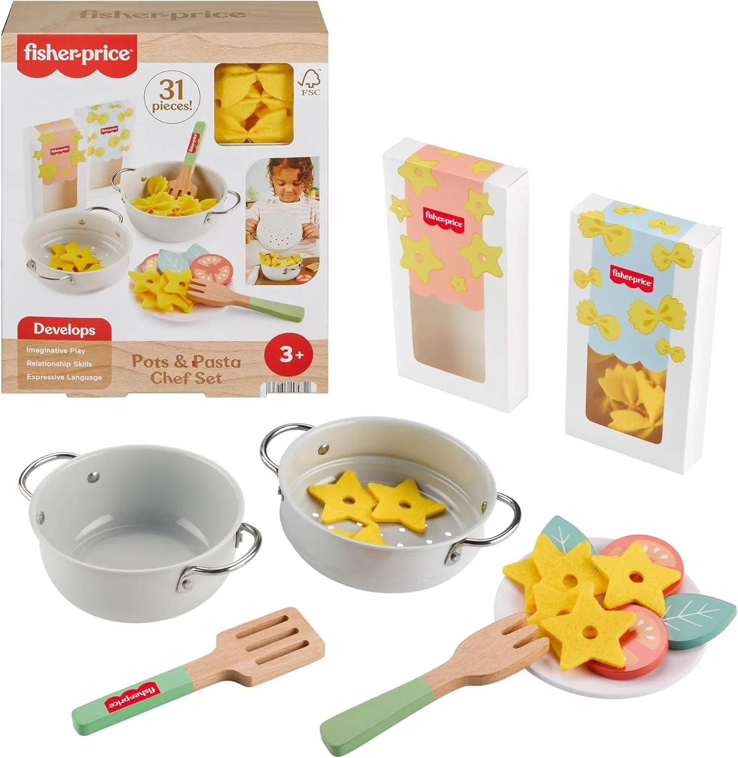 Fisher-Price Preschool Toy Pots & Pasta Chef Set, 31-Piece Pretend Cooking Playset with Play Food & Wood Utensils for Kids Ages 3  Years