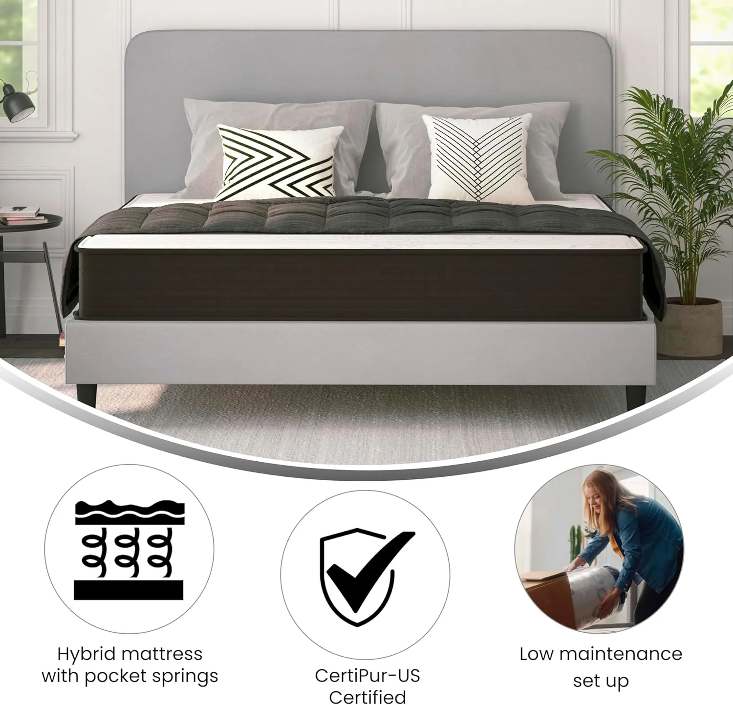 Flash Furniture Dream 10 Inch Hybrid Mattress in a Box, High Density Foam and Pocket Spring Mattress, CertiPur-US Certified Foam, King, White/Black