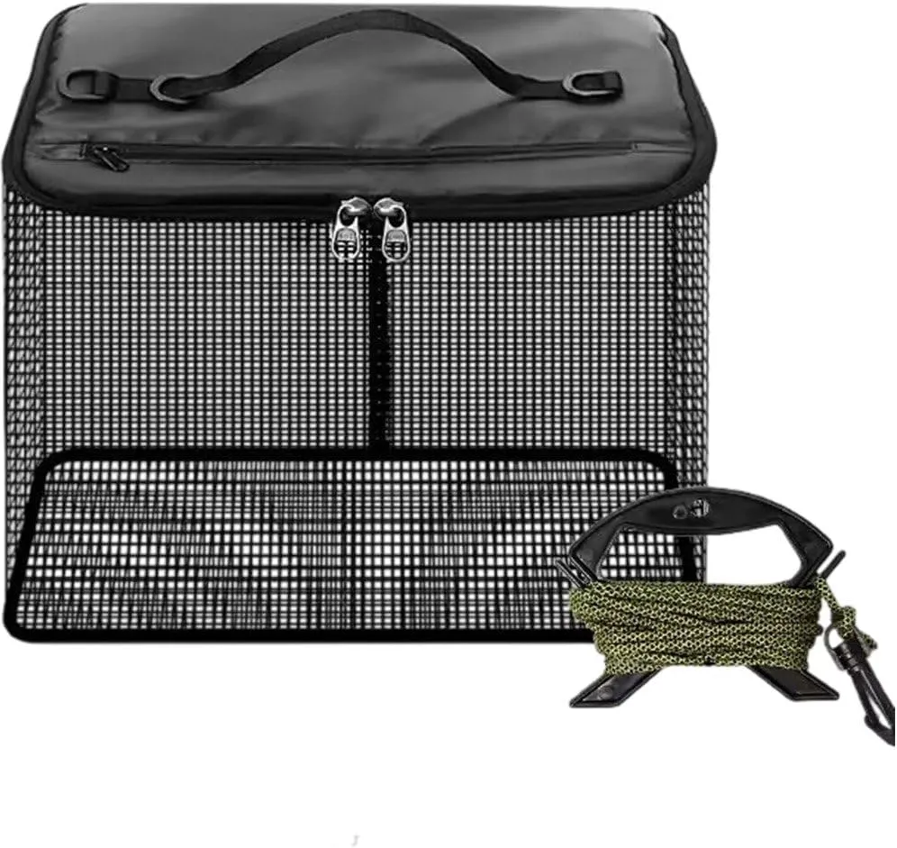 Floating Fishing Basket Collapsible Fishing Net Cage, Rubber Coated Net Fish Basket for Live Caught Fish Minnows Bait Bucket Minnow Trap 28l