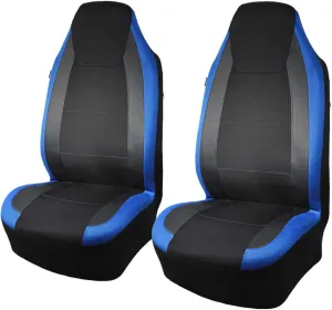 Flying Banner car seat Covers Quality Carbon Fiber Air Mesh Fabric Sport Low High Back Bucket Back Pocket Arm Rest (2 Fronts - High Bucket, Blue)