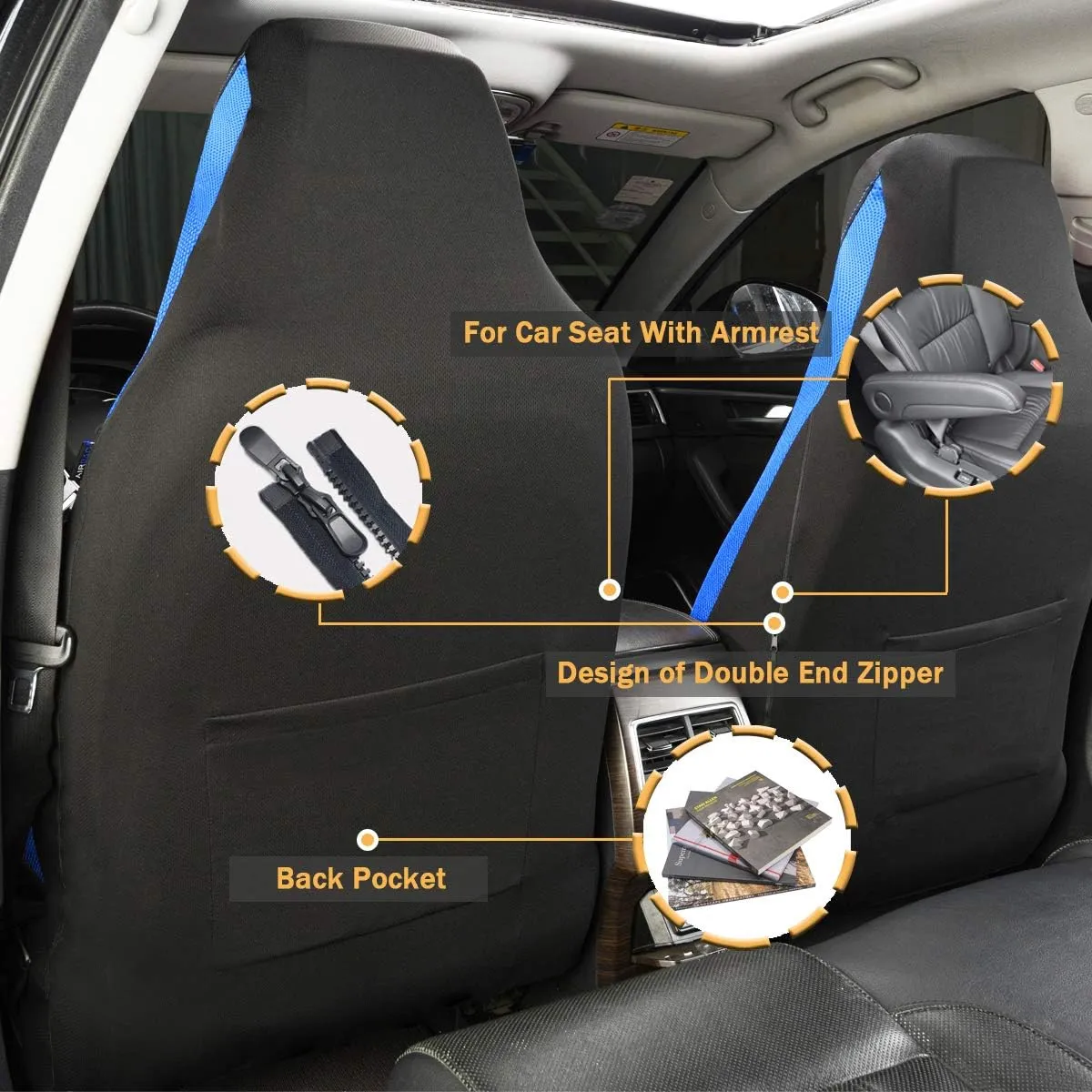 Flying Banner car seat Covers Quality Carbon Fiber Air Mesh Fabric Sport Low High Back Bucket Back Pocket Arm Rest (2 Fronts - High Bucket, Blue)