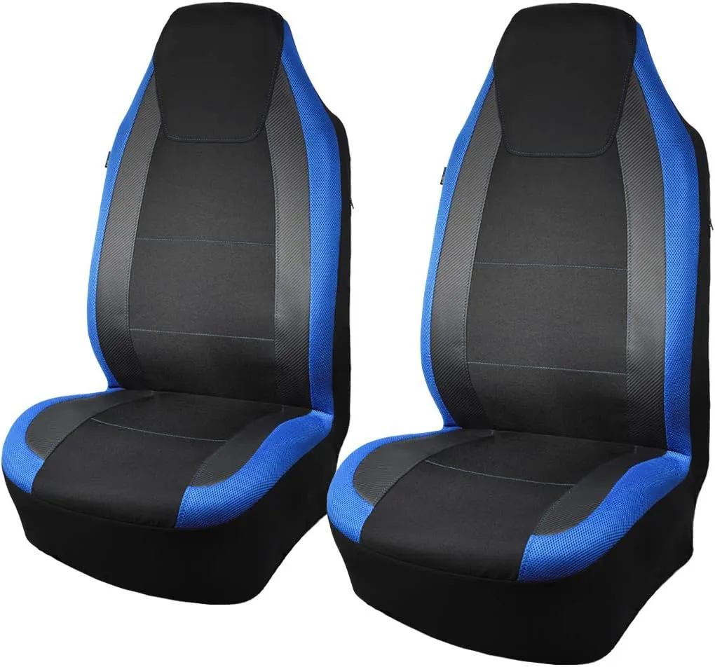 Flying Banner car seat Covers Quality Carbon Fiber Air Mesh Fabric Sport Low High Back Bucket Back Pocket Arm Rest (2 Fronts - High Bucket, Blue)