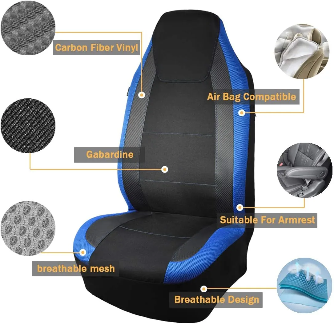 Flying Banner car seat Covers Quality Carbon Fiber Air Mesh Fabric Sport Low High Back Bucket Back Pocket Arm Rest (2 Fronts - High Bucket, Blue)
