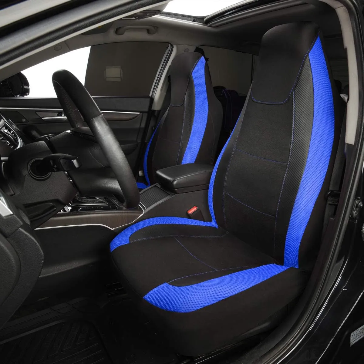 Flying Banner car seat Covers Quality Carbon Fiber Air Mesh Fabric Sport Low High Back Bucket Back Pocket Arm Rest (2 Fronts - High Bucket, Blue)