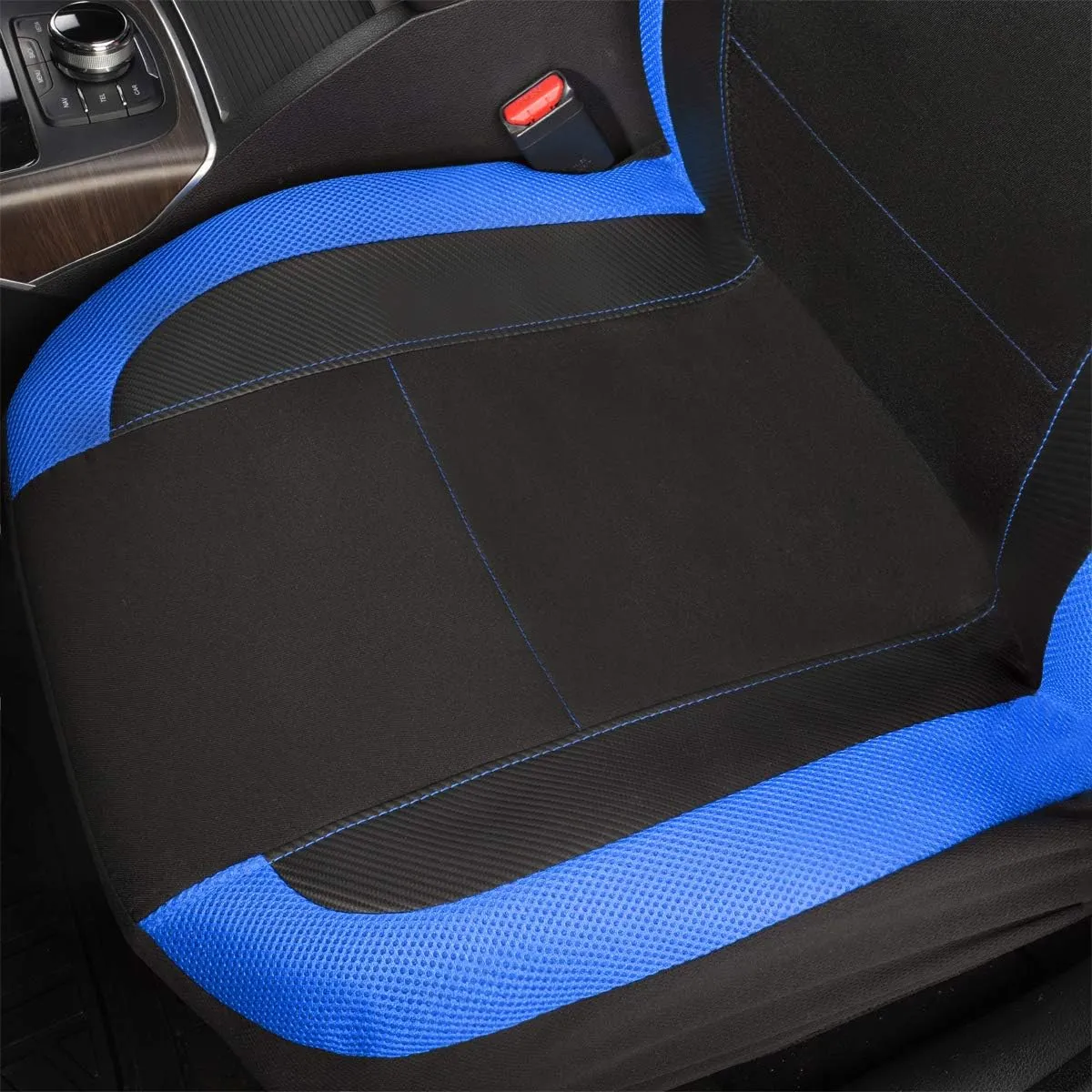 Flying Banner car seat Covers Quality Carbon Fiber Air Mesh Fabric Sport Low High Back Bucket Back Pocket Arm Rest (2 Fronts - High Bucket, Blue)