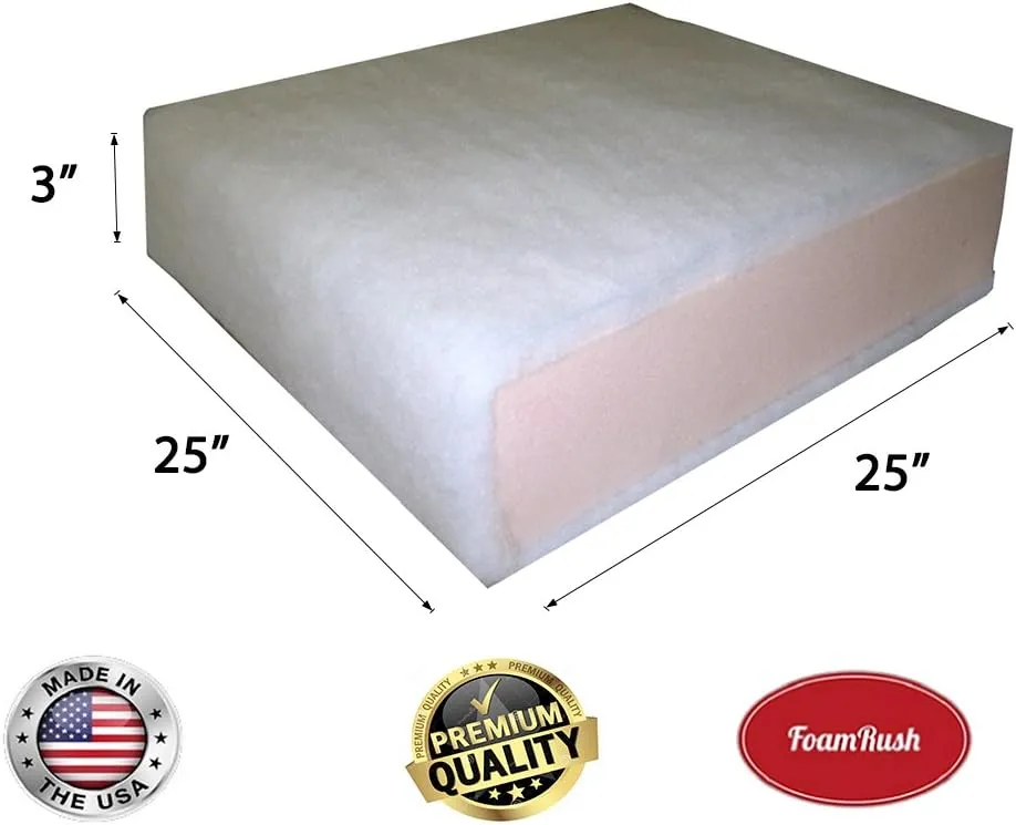 FoamRush 3" x 25" x 25" Seat Cushion Foam with Batting/Dacron (Cushion Seat Replacement) Made in USA
