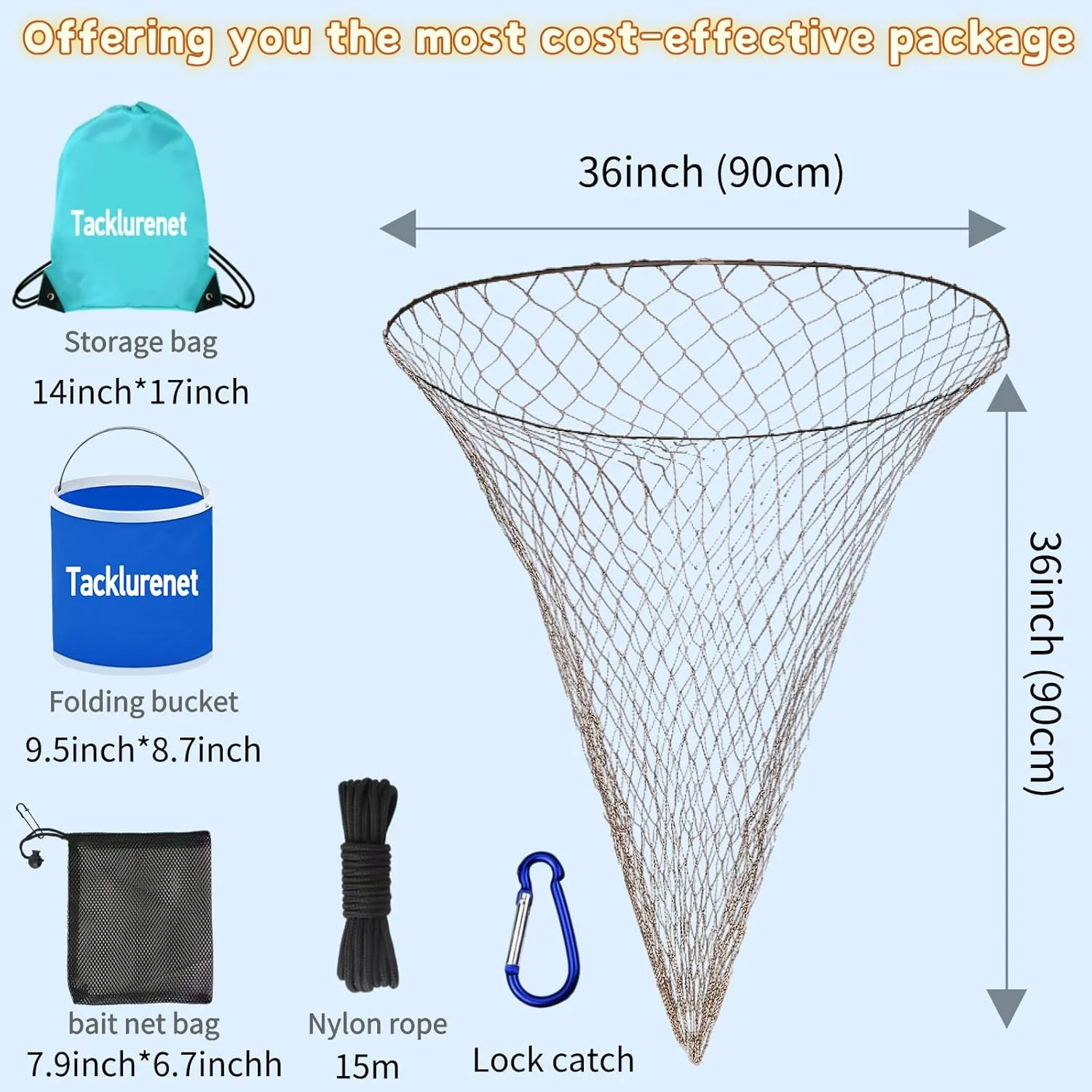 Foldable Drop and Pier Fishing Net, Portable Bridge Net,Crab Bait Shrimp Net with Bucket Soft Steel Hoop and 32FT Rope Storage Bag