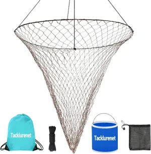 Foldable Drop and Pier Fishing Net, Portable Bridge Net,Crab Bait Shrimp Net with Bucket Soft Steel Hoop and 32FT Rope Storage Bag