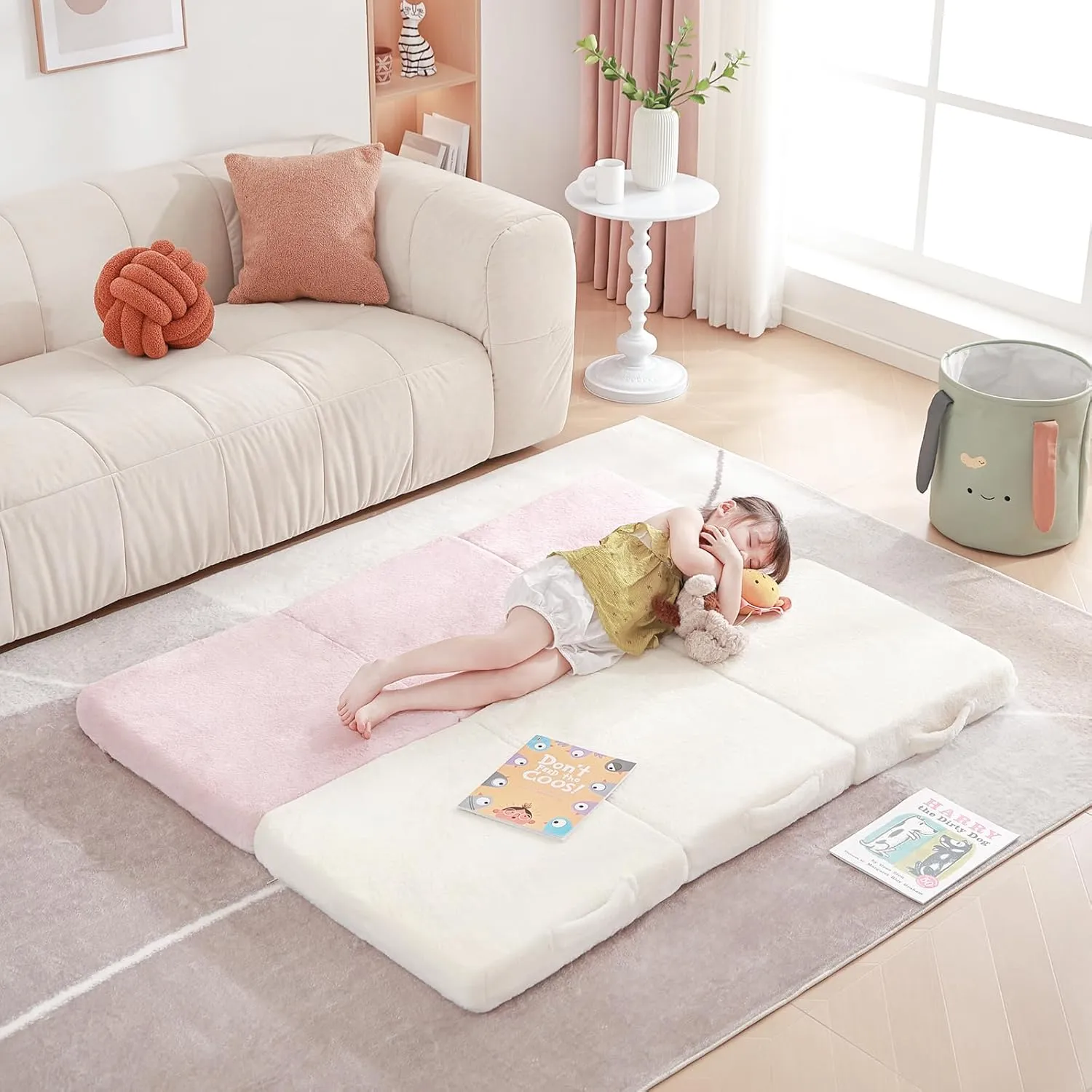 Foldable Floor Mattress for Kids, Toddler Washable Tri Folding Floor Nap Mat for Sleeping Daycare, Child Trifold Futon Sofa Bed with Storage Bag for Girls and Boys