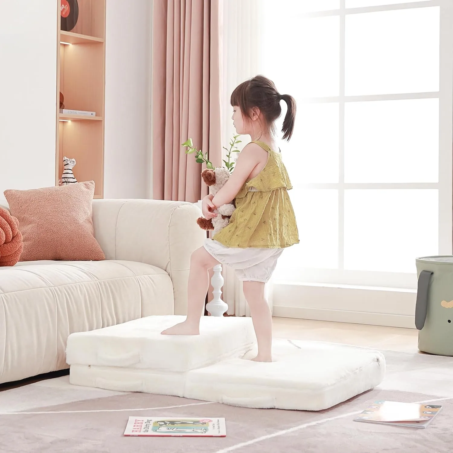 Foldable Floor Mattress for Kids, Toddler Washable Tri Folding Floor Nap Mat for Sleeping Daycare, Child Trifold Futon Sofa Bed with Storage Bag for Girls and Boys