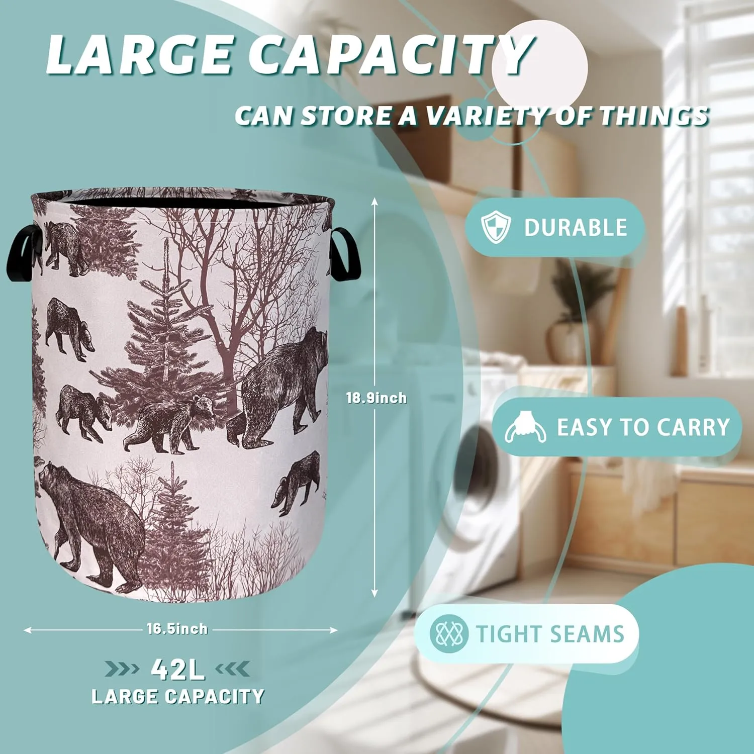 Forest Bear Laundry Hamper With Handles Foldable Oxford Cloth Retro Animals Tote Bag Bears Funny Laundry Basket Clothes Toy Storage Bucket 18.9" x 16.5" For Bathroom/Laundry/Bedroom