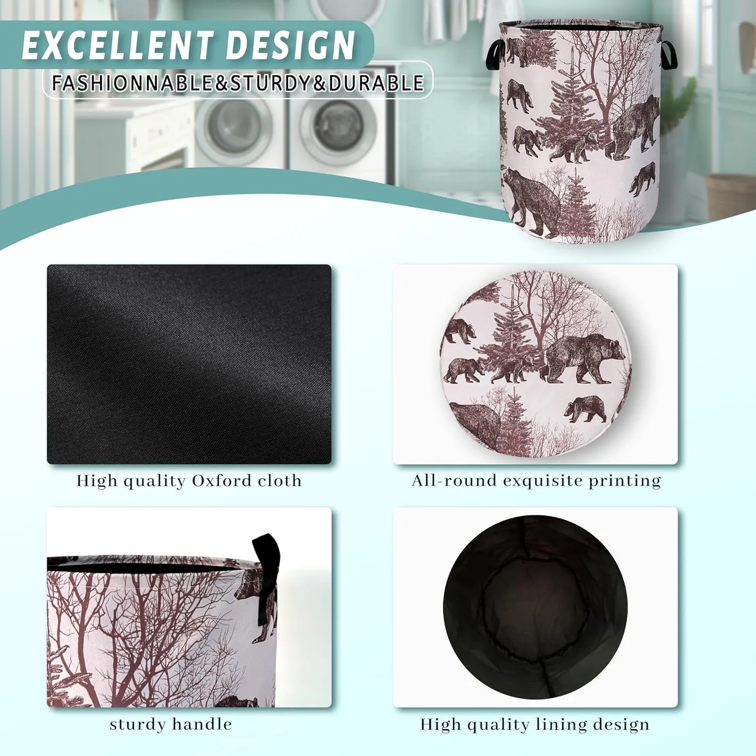 Forest Bear Laundry Hamper With Handles Foldable Oxford Cloth Retro Animals Tote Bag Bears Funny Laundry Basket Clothes Toy Storage Bucket 18.9" x 16.5" For Bathroom/Laundry/Bedroom