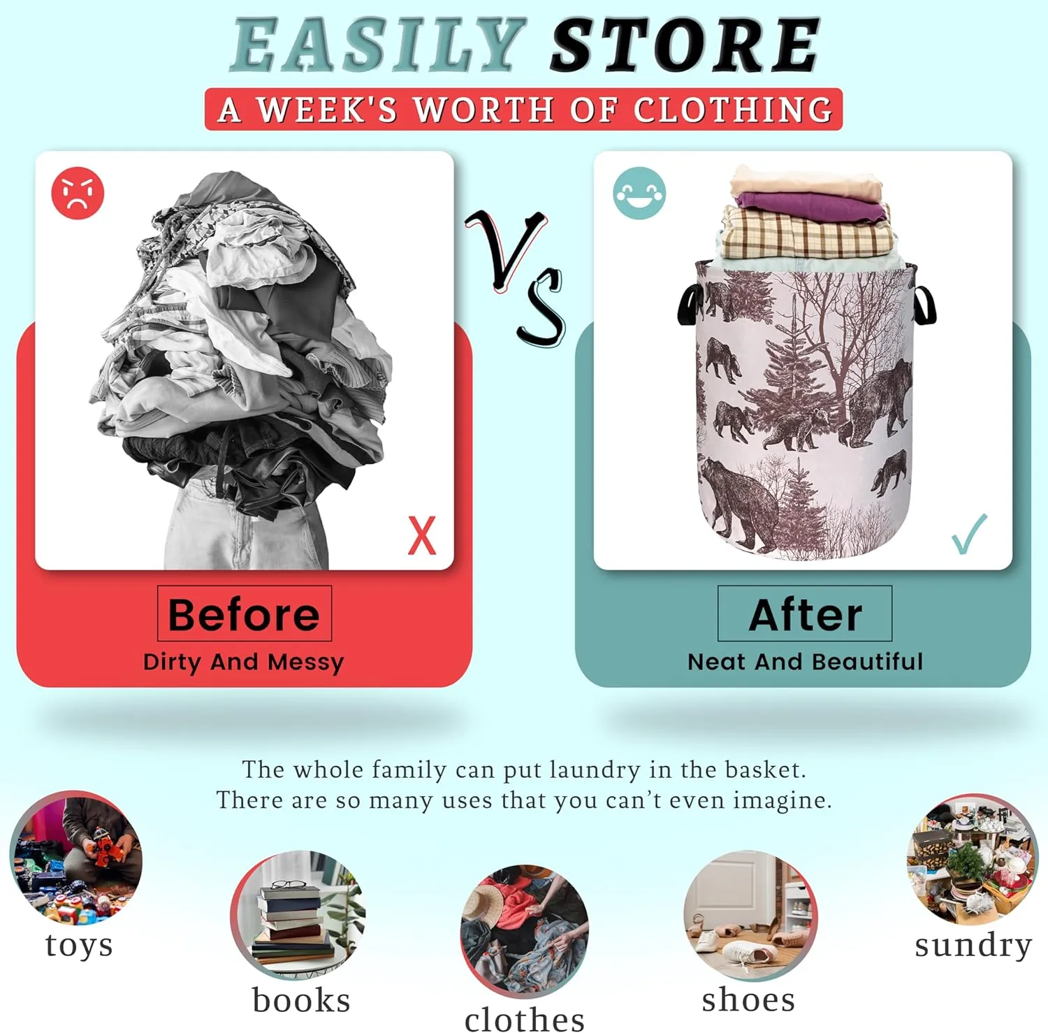 Forest Bear Laundry Hamper With Handles Foldable Oxford Cloth Retro Animals Tote Bag Bears Funny Laundry Basket Clothes Toy Storage Bucket 18.9" x 16.5" For Bathroom/Laundry/Bedroom