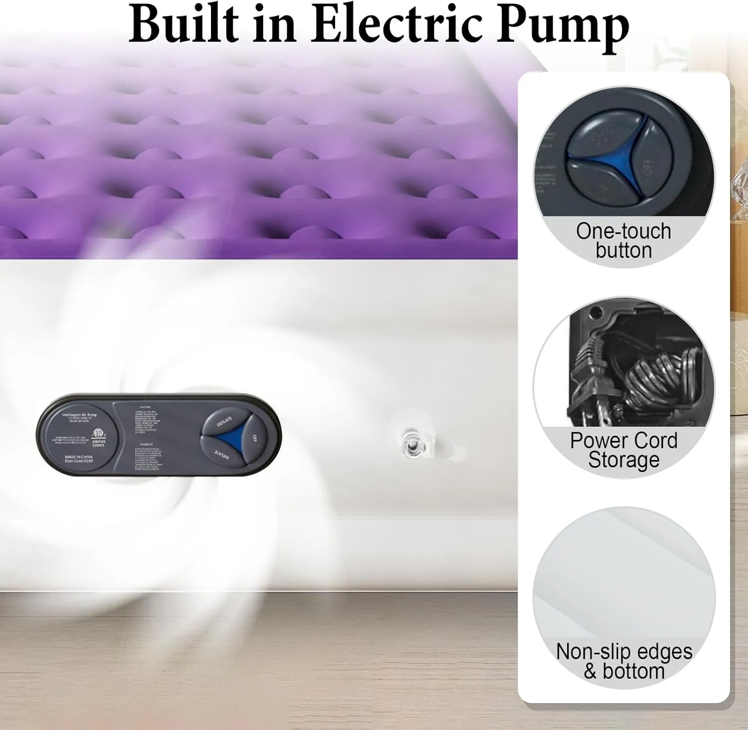Full Air Mattress with Built in Pump, Inflatable Mattress for Home, Blow up Air Bed 3 Min Quick Inflation and Deflation, Thin Velvet Top, 18'' Full Size Purple
